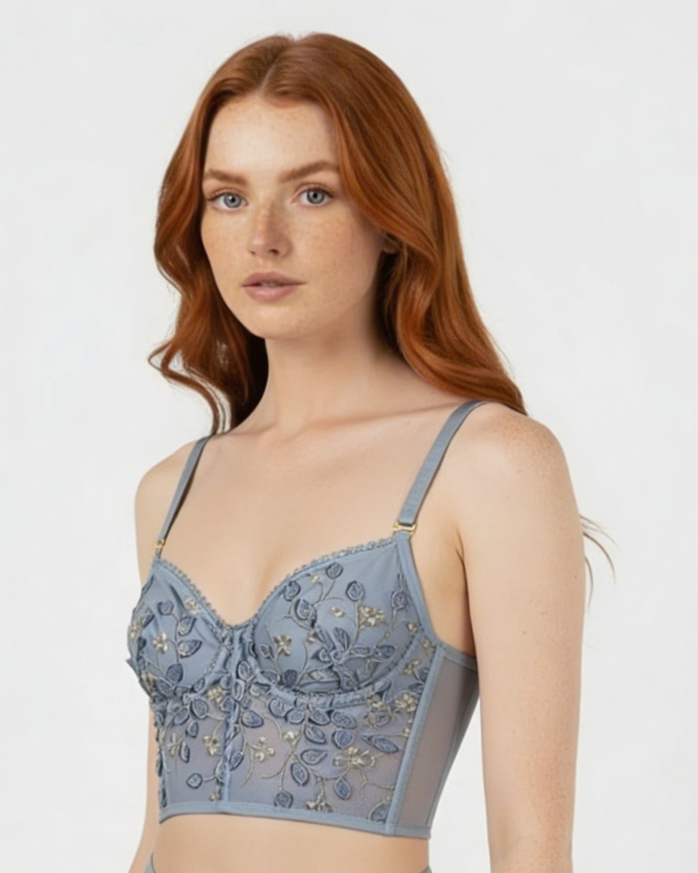 Floral Embroidered Mesh Bralette Set
