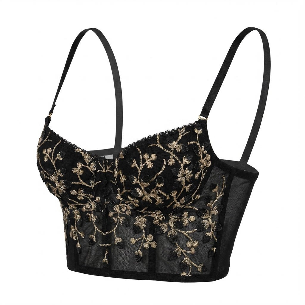 Floral Embroidered Mesh Bralette Set