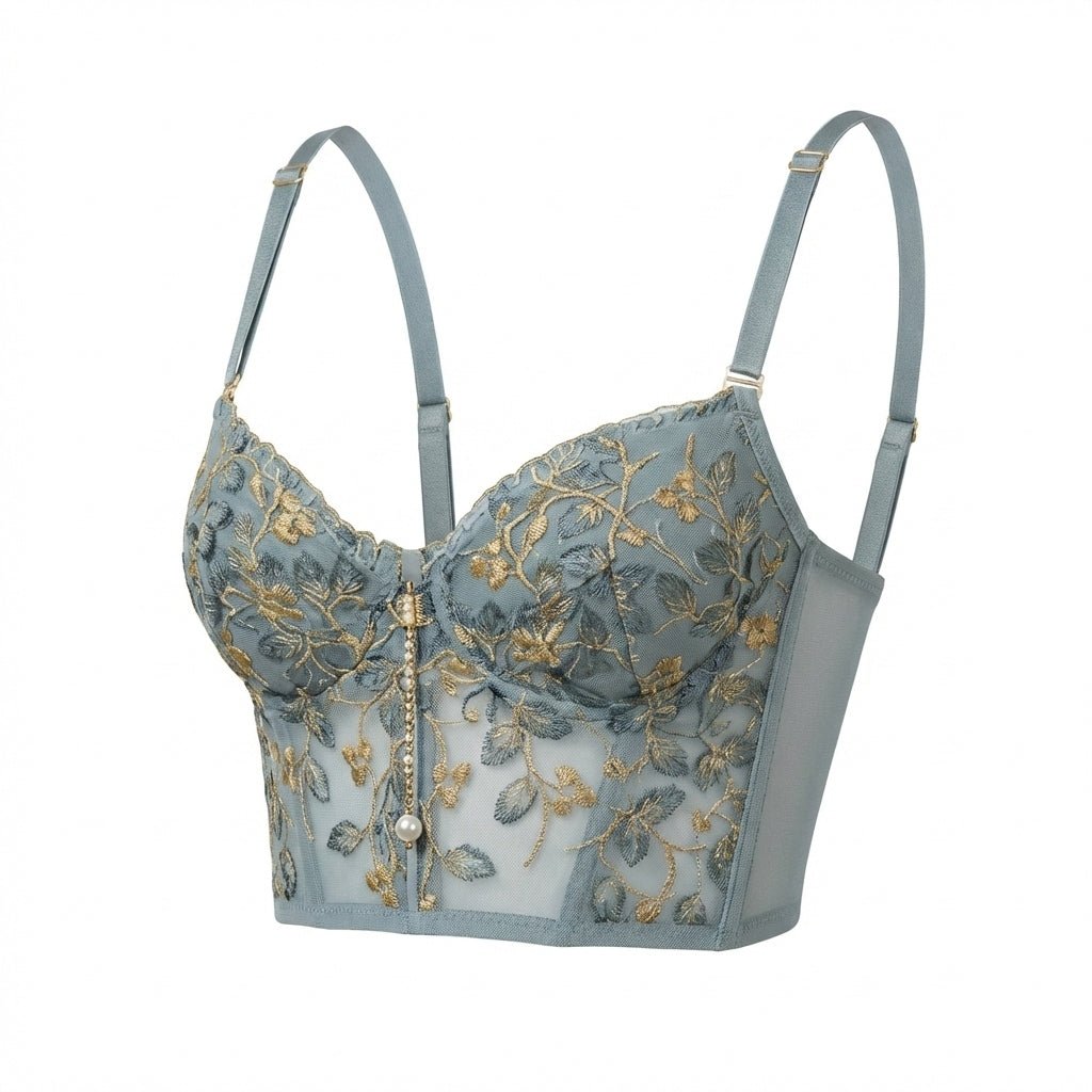 Floral Embroidered Mesh Bralette Set