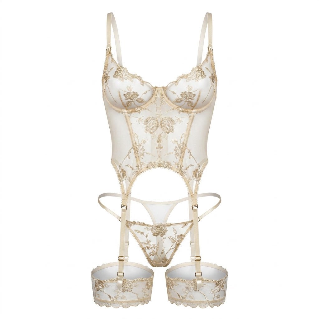 Floral Embroidered Mesh Bustier Set - AR UNIVERSALAR UNIVERSALLingerie Sets