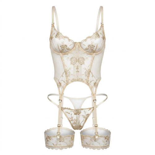 Floral Embroidered Mesh Bustier Set - AR UNIVERSALAR UNIVERSALLingerie Sets