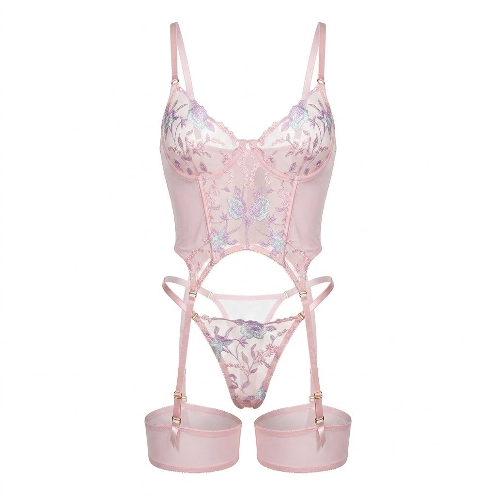 Floral Embroidered Mesh Bustier Set - AR UNIVERSALAR UNIVERSALLingerie Sets
