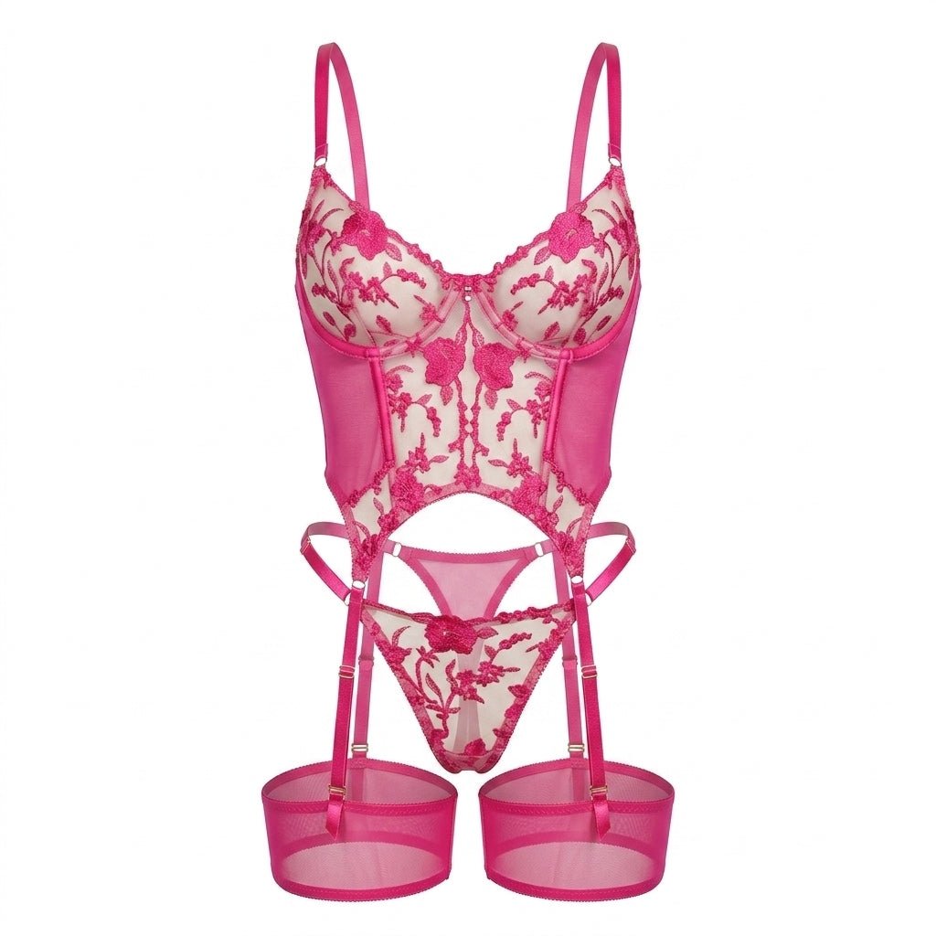 Floral Embroidered Mesh Bustier Set - AR UNIVERSALAR UNIVERSALLingerie Sets