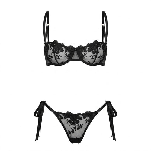 Floral Embroidered Mesh Lingerie Set