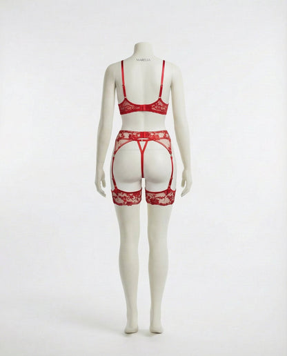 Floral Lace Bra Brief And Suspender Belt Set