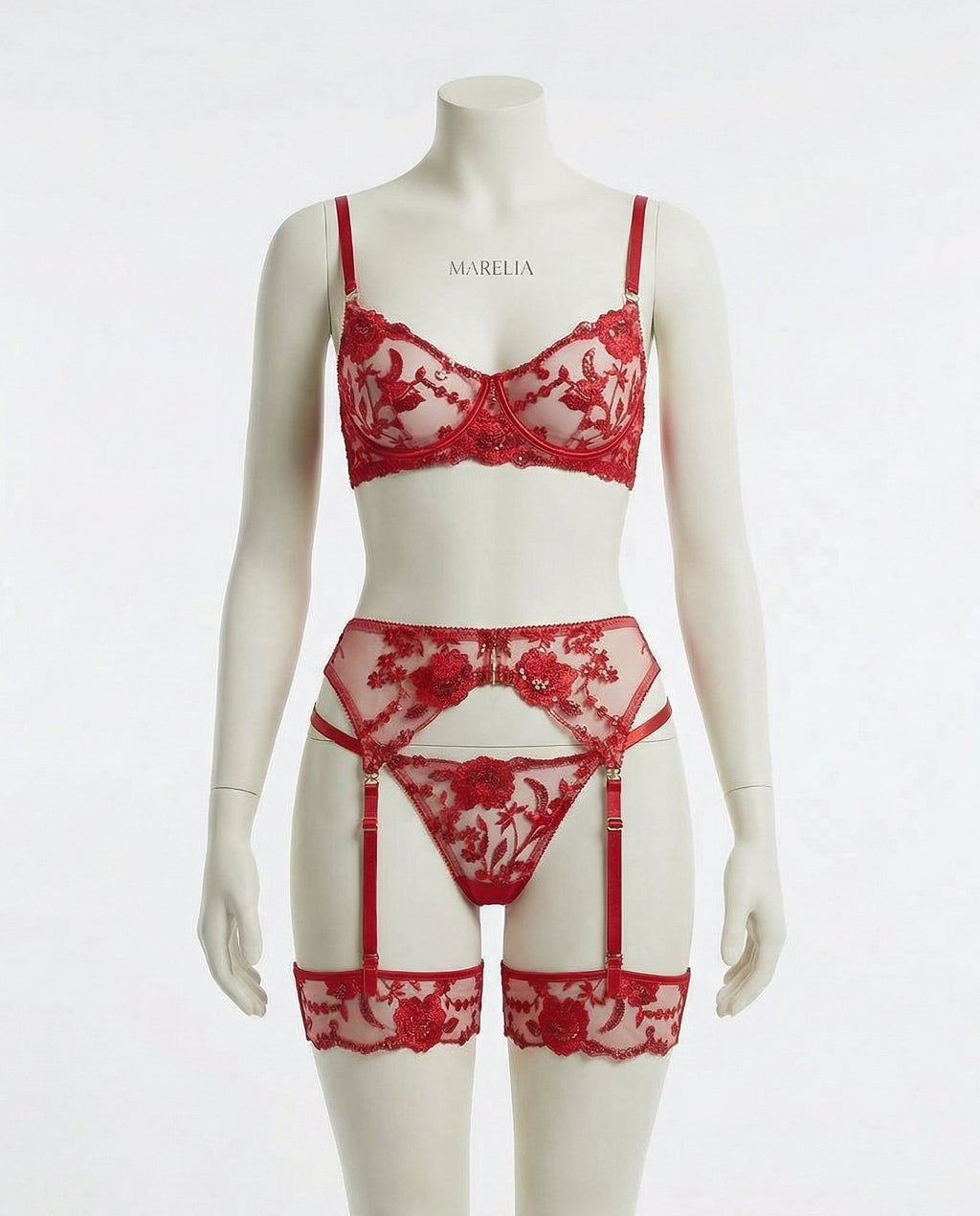 Floral Lace Bra Brief And Suspender Belt Set - AR UNIVERSALghntshLingerie Set