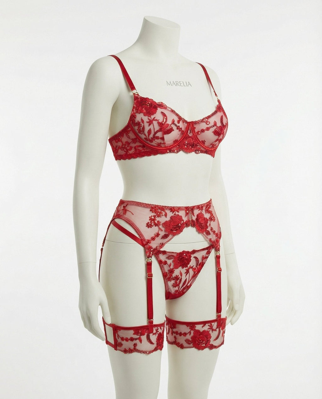Floral Lace Bra Brief And Suspender Belt Set - AR UNIVERSALghntshLingerie Set
