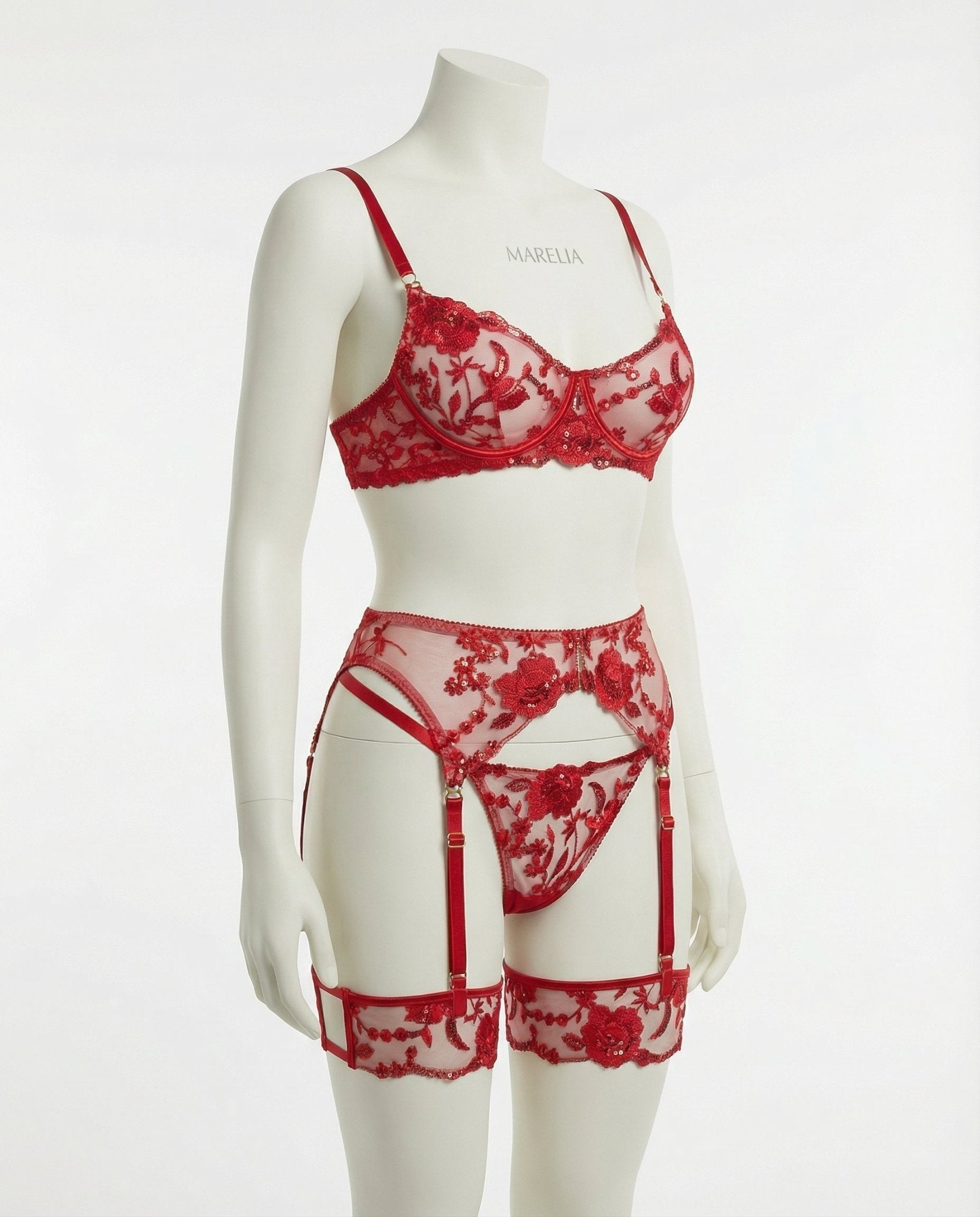 Floral Lace Bra Brief And Suspender Belt Set - AR UNIVERSALghntshLingerie Set