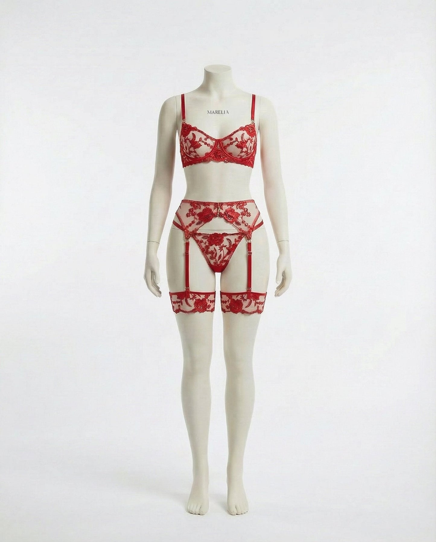 Floral Lace Bra Brief And Suspender Belt Set