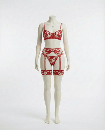 Floral Lace Bra Brief And Suspender Belt Set