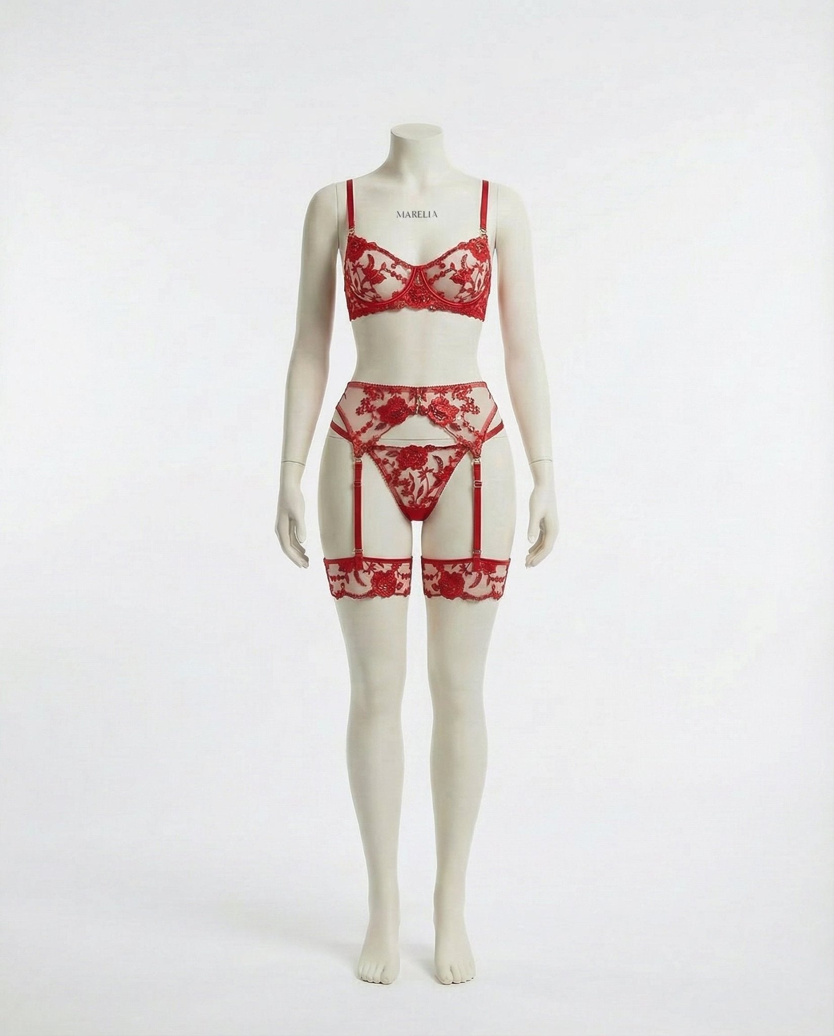 Floral Lace Bra Brief And Suspender Belt Set - AR UNIVERSALghntshLingerie Set