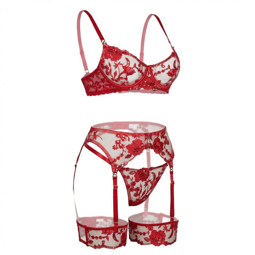 Floral Lace Bra Brief And Suspender Belt Set