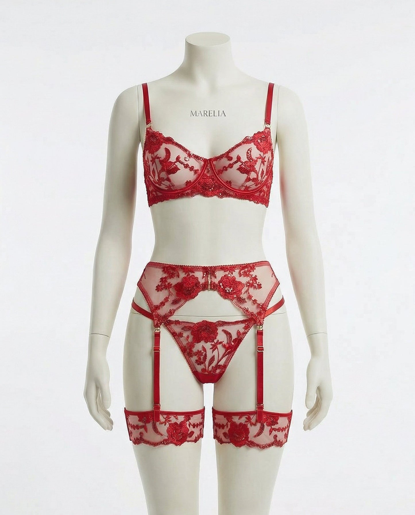 Floral Lace Bra Brief And Suspender Belt Set