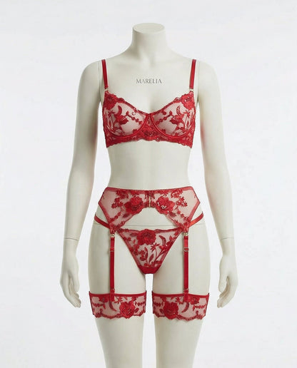 Floral Lace Bra Brief And Suspender Belt Set
