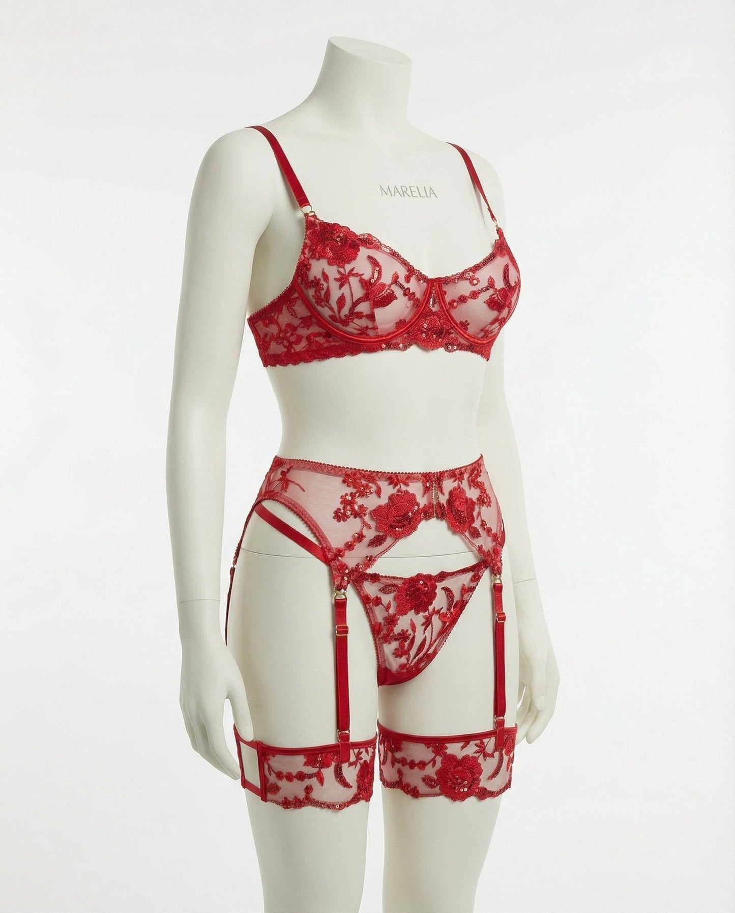 Floral Lace Bra Brief And Suspender Belt Set