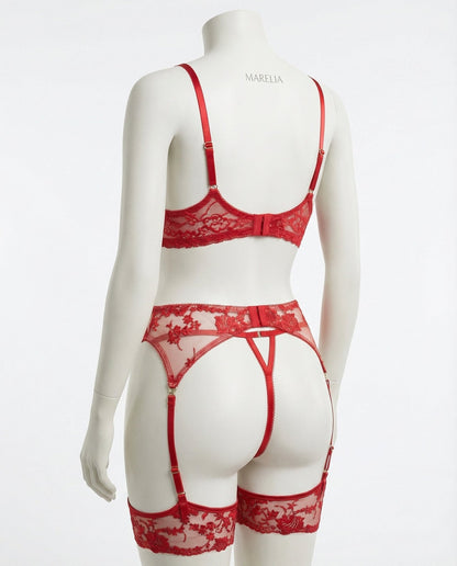 Floral Lace Bra Brief And Suspender Belt Set