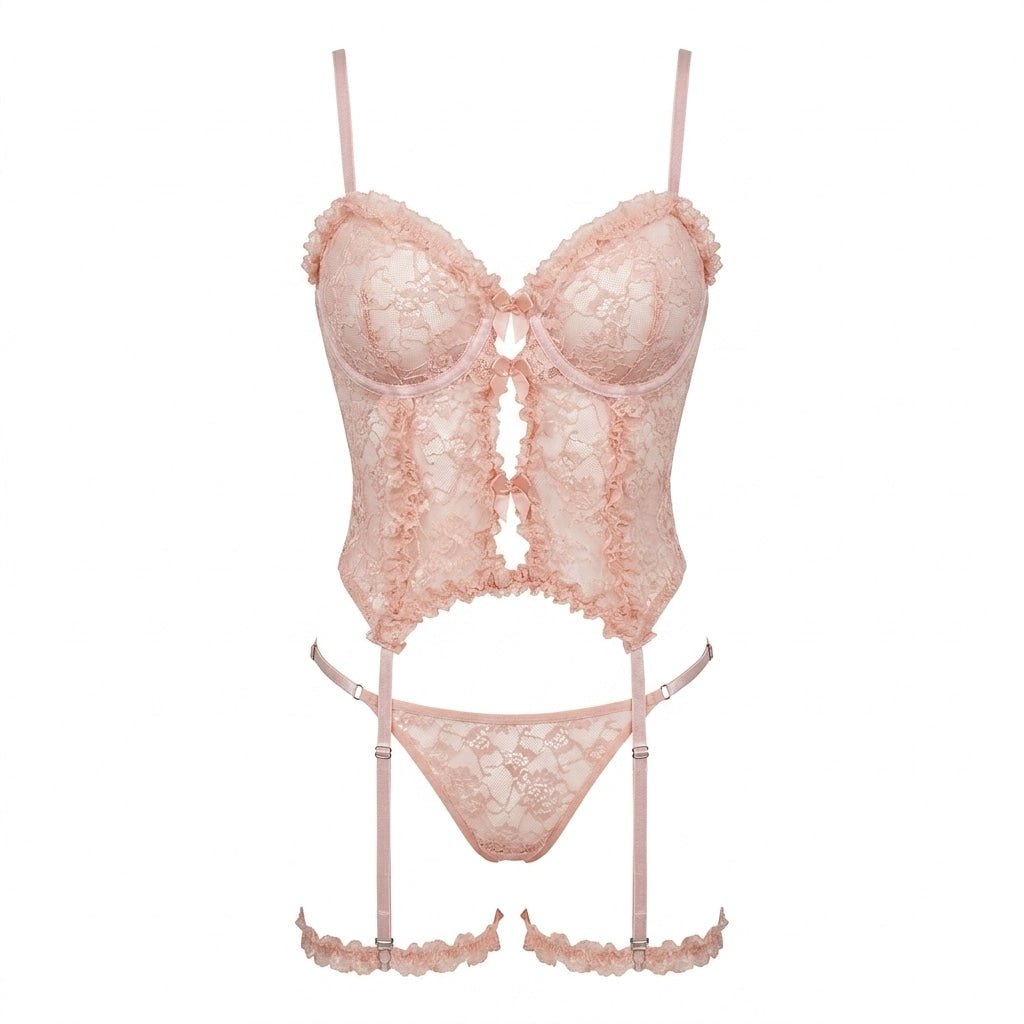 Floral Lace Bustier Corset Thong Leg Garter Set - AR UNIVERSALAR UNIVERSALLingerie Sets