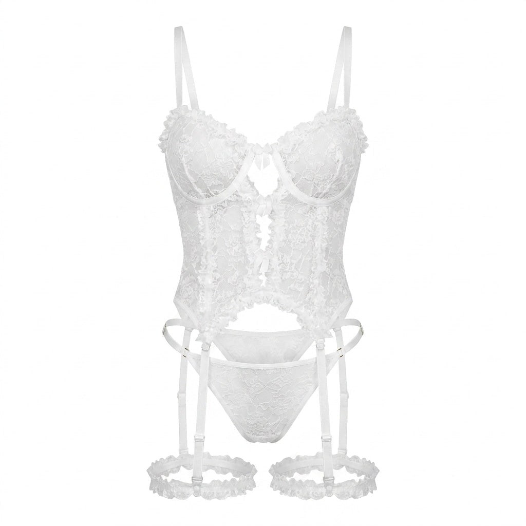 Floral Lace Bustier Corset Thong Leg Garter Set - AR UNIVERSALAR UNIVERSALLingerie Sets