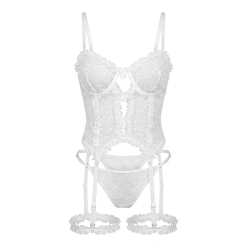 Floral Lace Bustier Corset Thong Leg Garter Set
