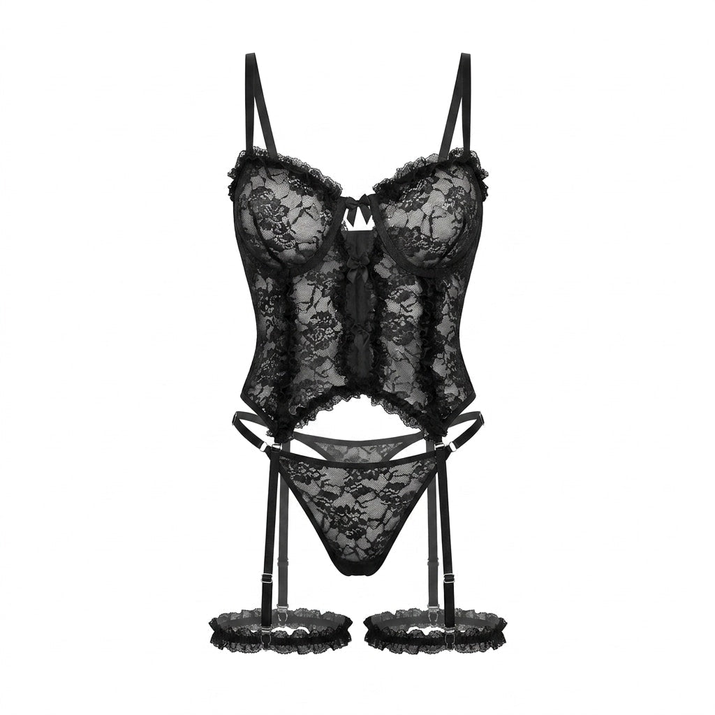 Floral Lace Bustier Corset Thong Leg Garter Set - AR UNIVERSALAR UNIVERSALLingerie Sets