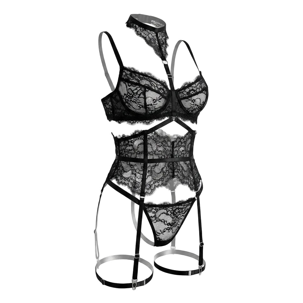 Underwired Bra and Corset Combo with Floral Lace - 4 Piece Lingerie Set - AR UNIVERSALghntshLingerie Sets