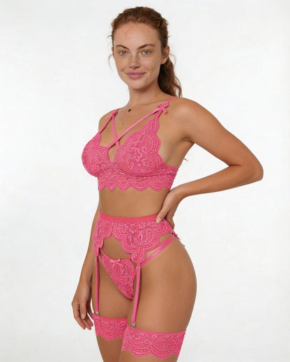 Floral Lace Four Piece Lingerie Set