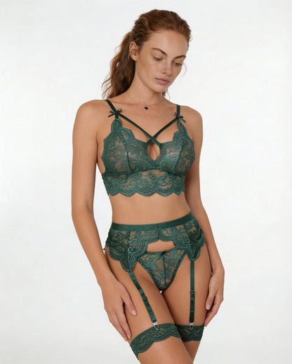 Floral Lace Four Piece Lingerie Set
