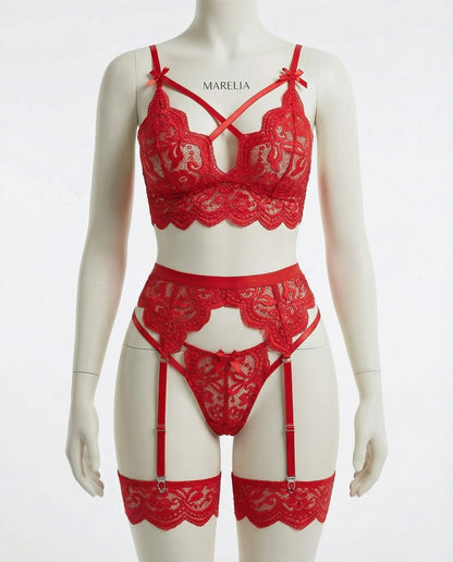 Floral Lace Four Piece Lingerie Set