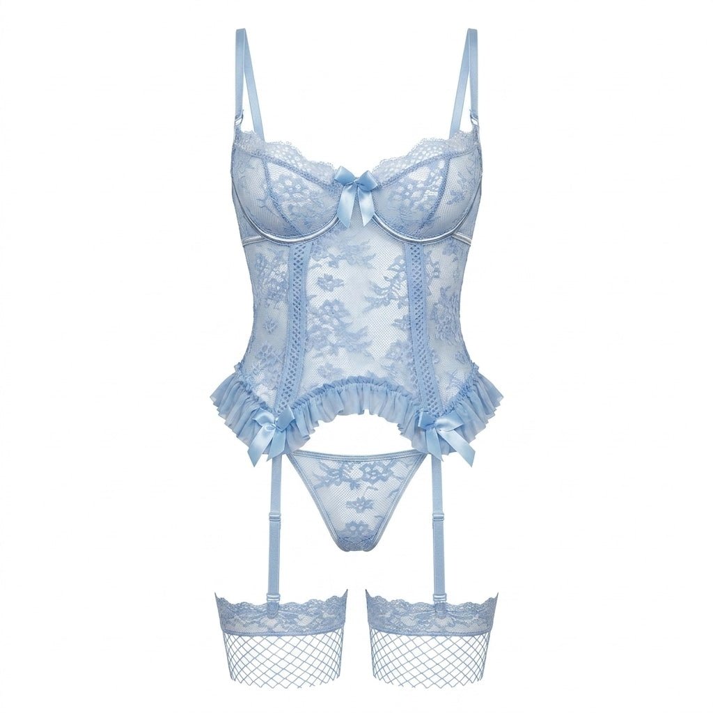 Floral Lace Ruffle Bustier 3 Piece Lingerie Set - AR UNIVERSALAR UNIVERSALLingerie Sets
