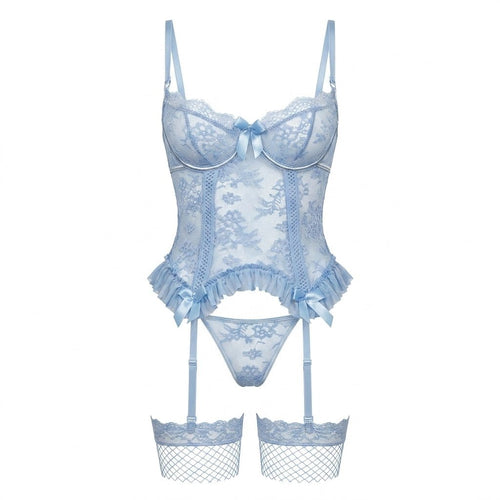 Floral Lace Ruffle Bustier 3 Piece Lingerie Set