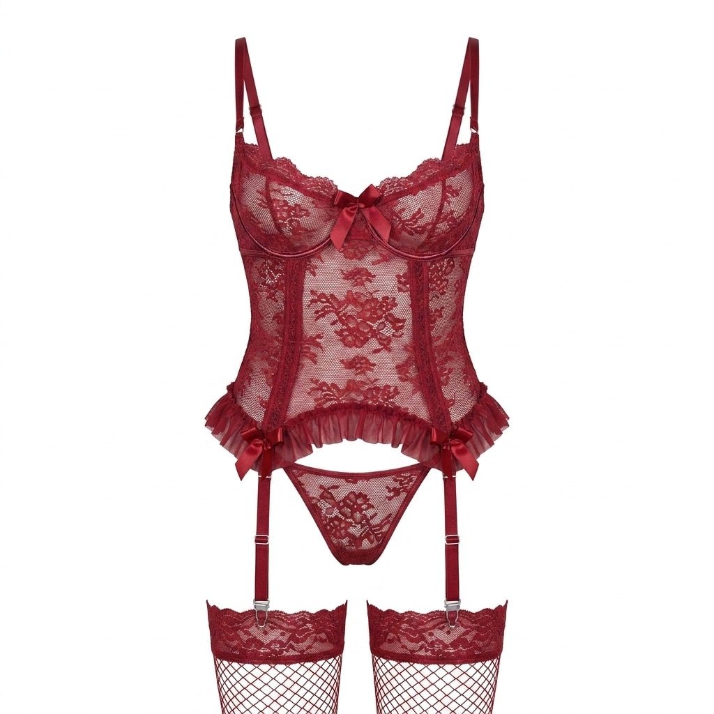 Floral Lace Ruffle Bustier 3 Piece Lingerie Set - AR UNIVERSALAR UNIVERSALLingerie Sets