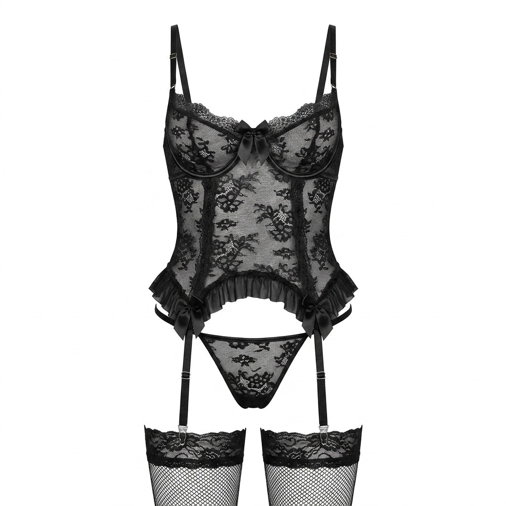 Floral Lace Ruffle Bustier 3 Piece Lingerie Set - AR UNIVERSALAR UNIVERSALLingerie Sets