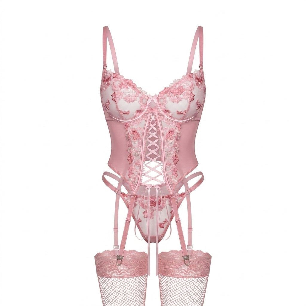 Floral Lace Three Piece Corset Lingerie Set - AR UNIVERSALghntshLingerie Sets