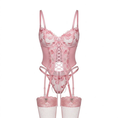 Floral Lace Three Piece Corset Lingerie Set