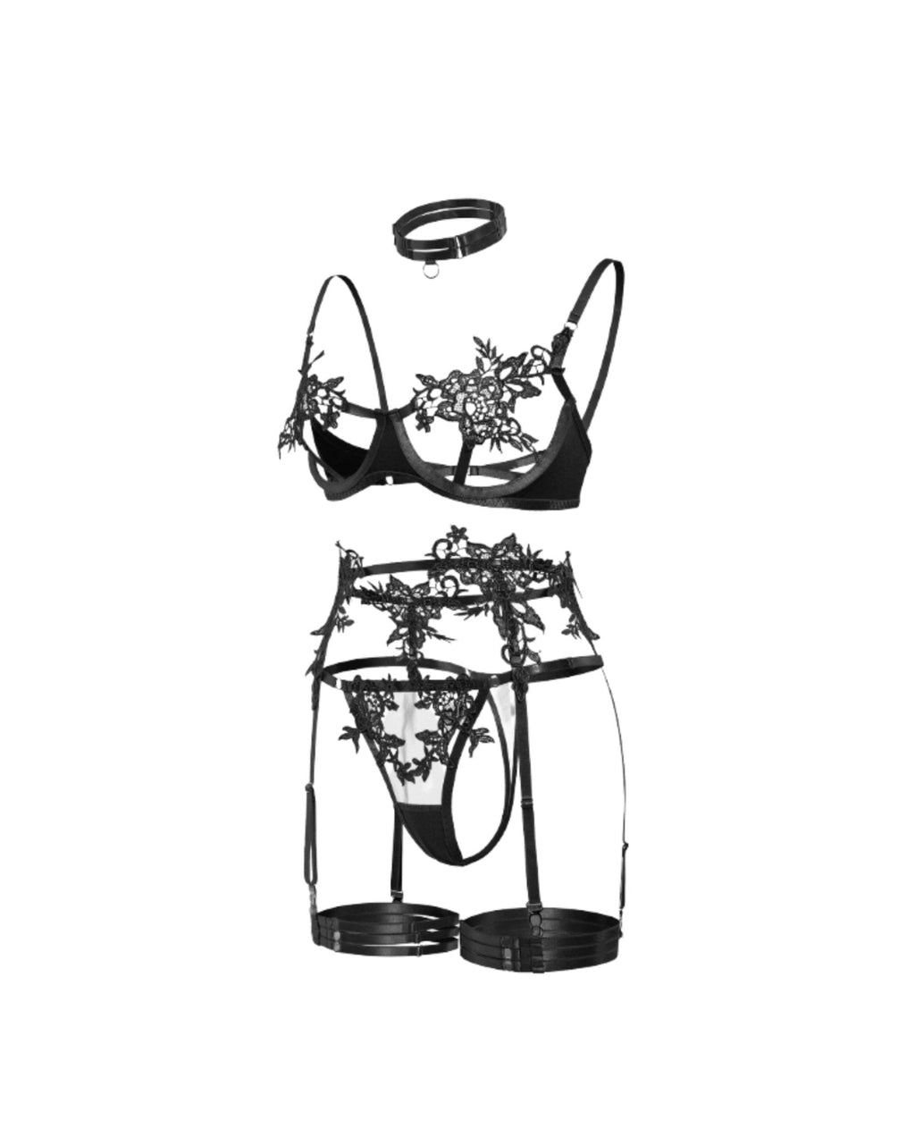 Lace Appliqué Bra G - String And Suspender Set - AR UNIVERSALghntshLingerie Set