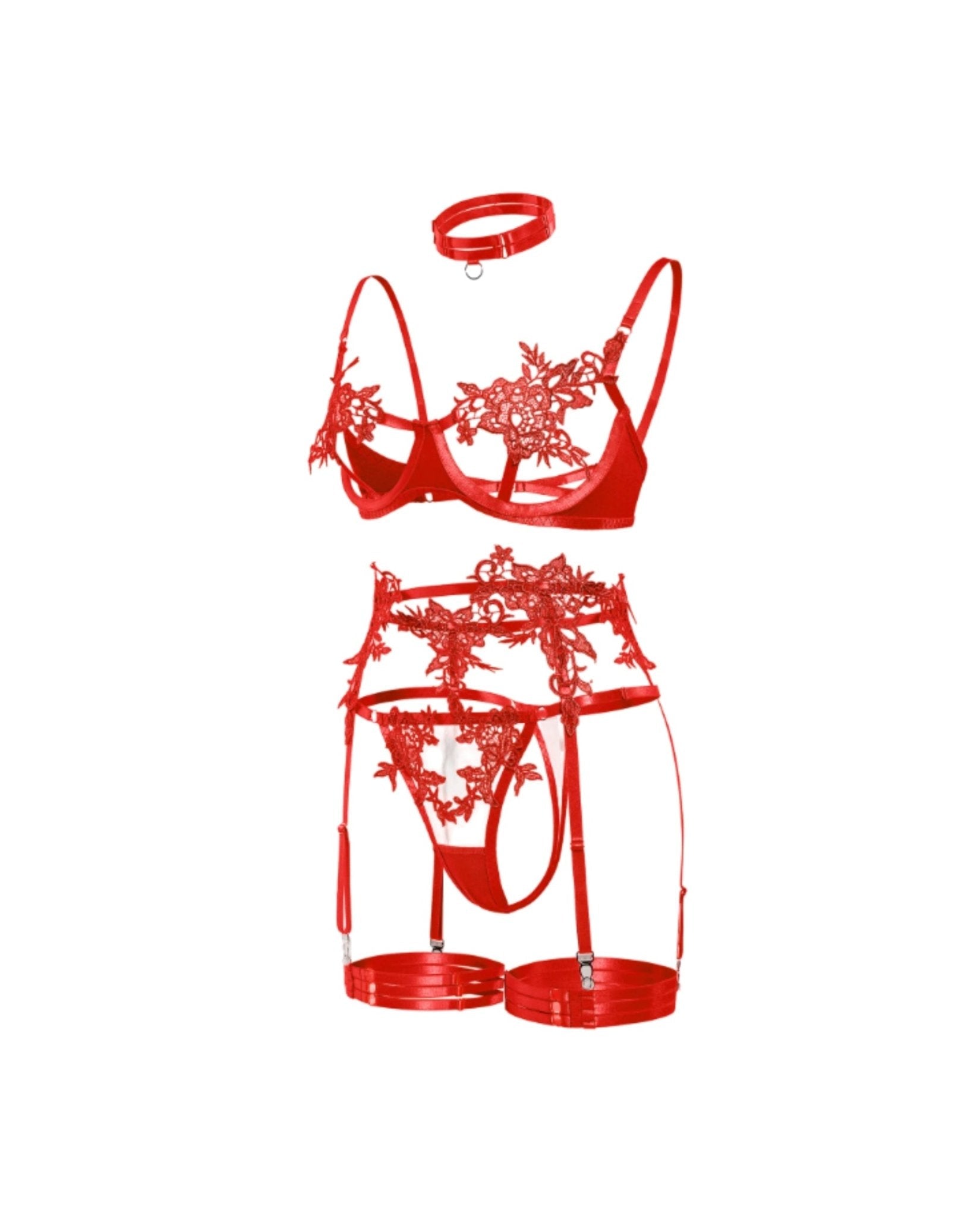 Lace Appliqué Bra G - String And Suspender Set - AR UNIVERSALghntshLingerie Set