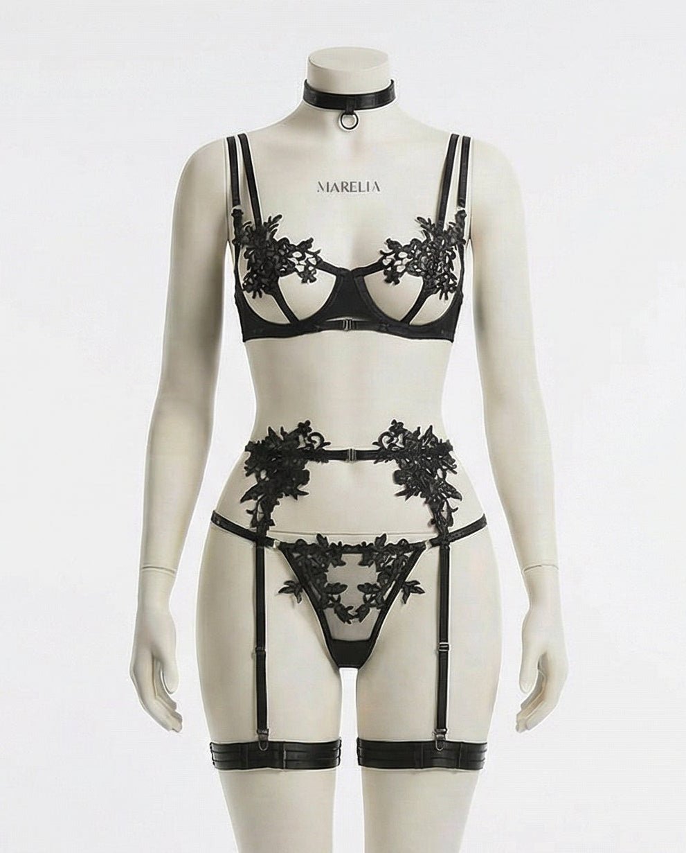 Lace Appliqué Bra G - String And Suspender Set - AR UNIVERSALghntshLingerie Set