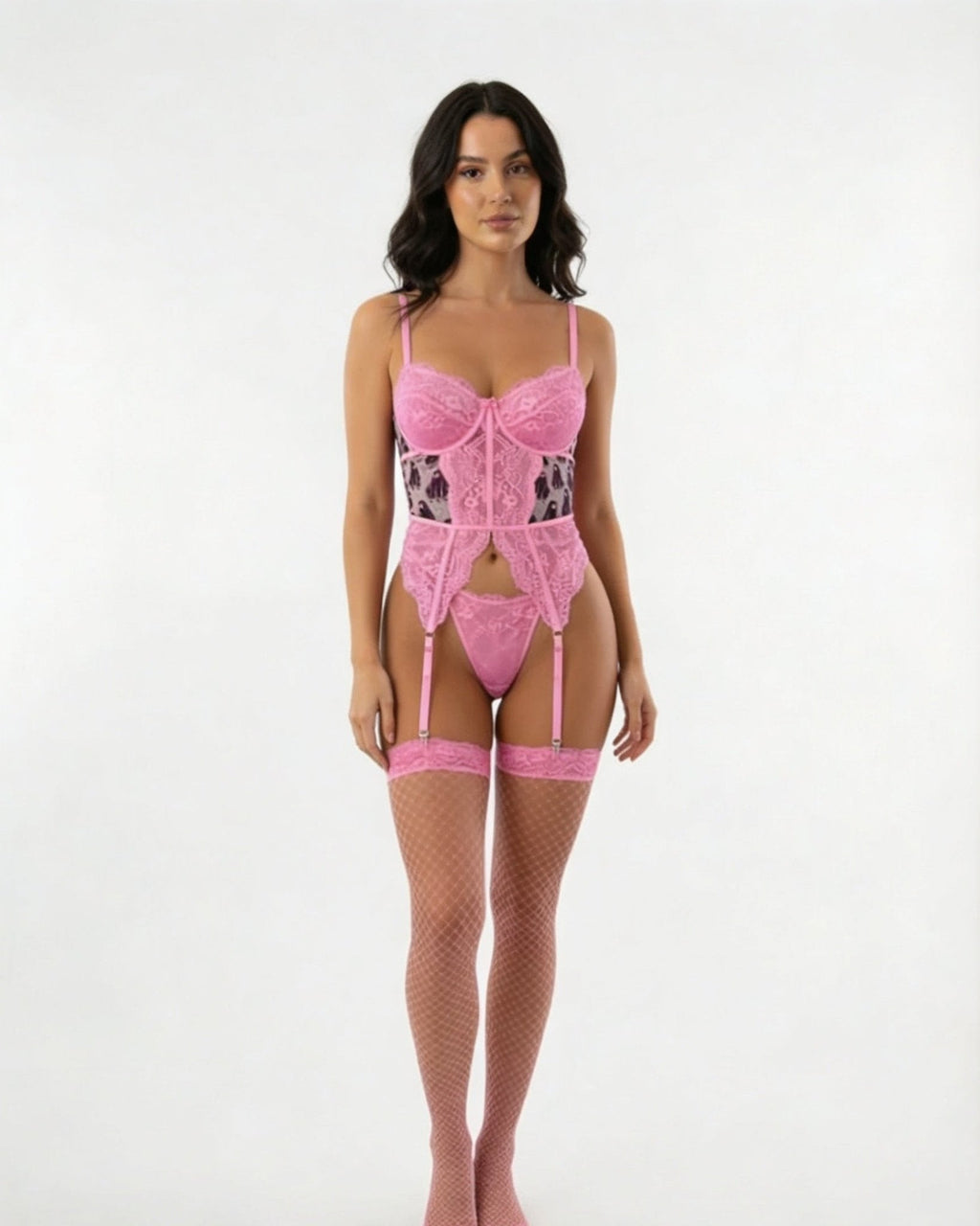 Lace Basque Thong And Stockings Set - AR UNIVERSALAR UNIVERSALLingerie Sets