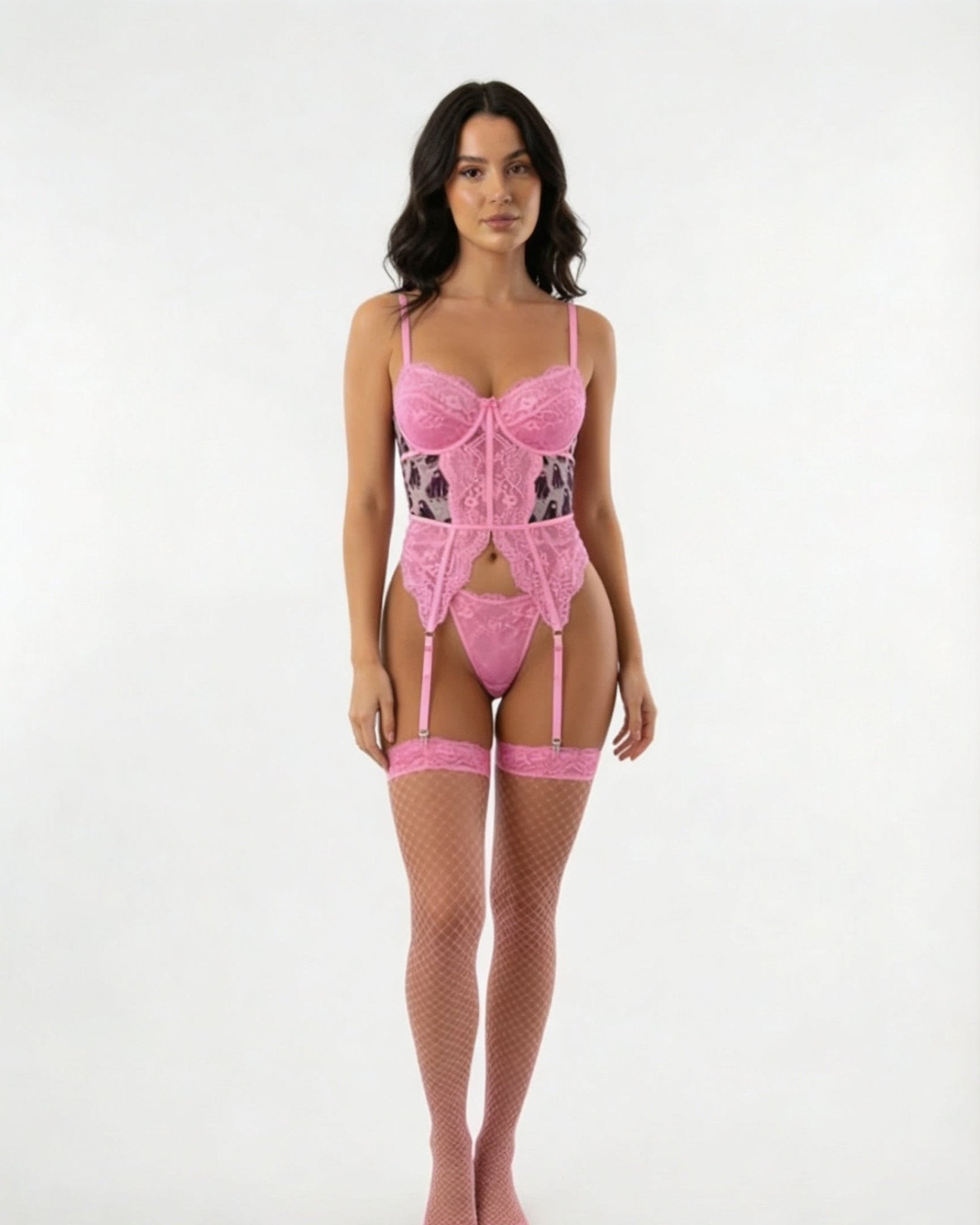 Lace Basque Thong And Stockings Set - AR UNIVERSALAR UNIVERSALLingerie Sets