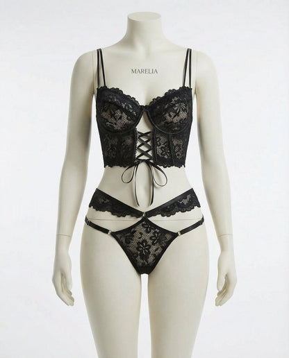 Lace Bra And Thong Set With Corset Lace-Up Detail