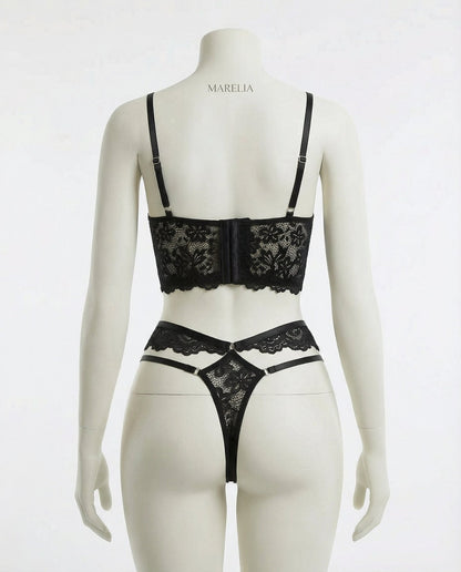 Lace Bra And Thong Set With Corset Lace-Up Detail