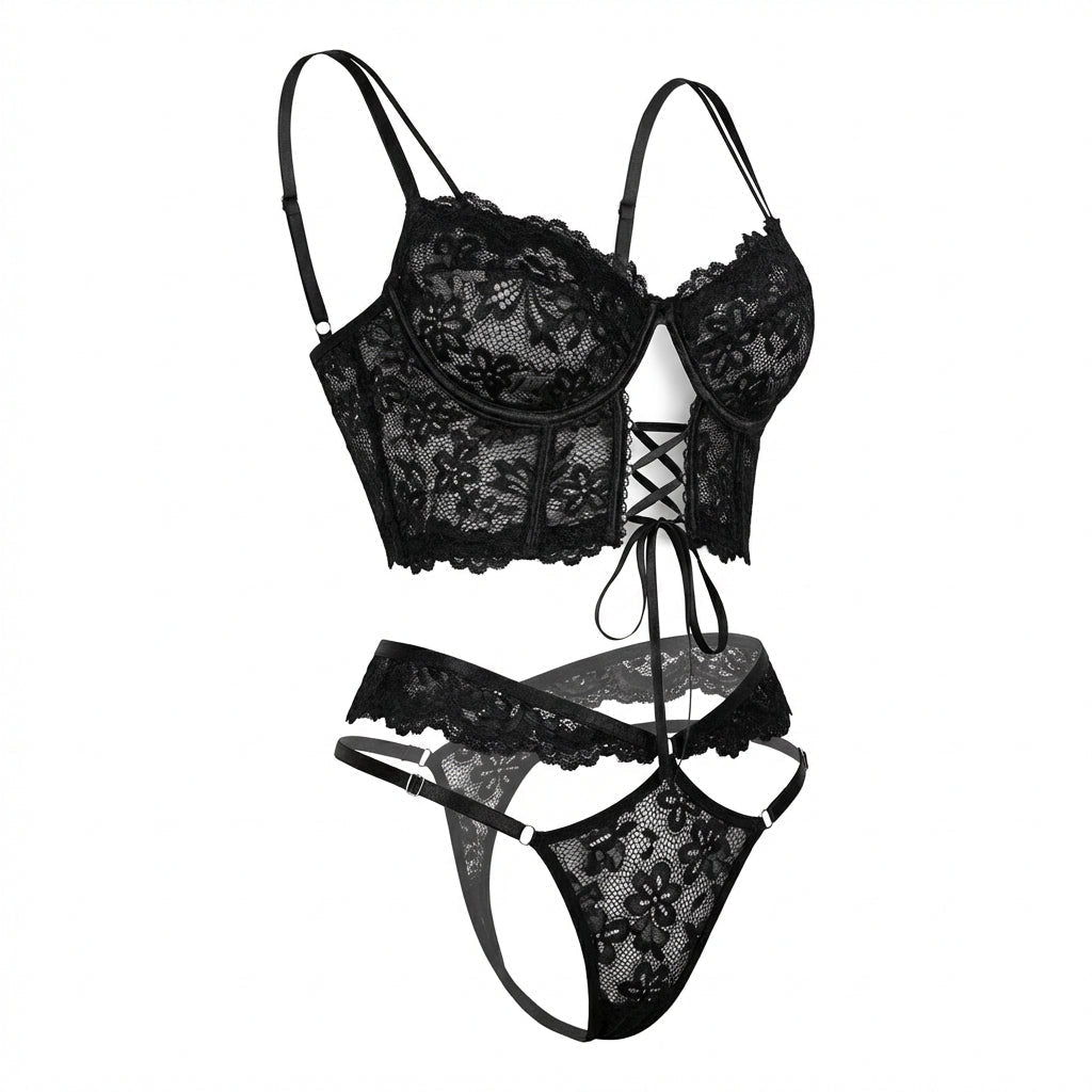 Lace Bra And Thong Set With Corset Lace - Up Detail - AR UNIVERSALghntshLingerie Set
