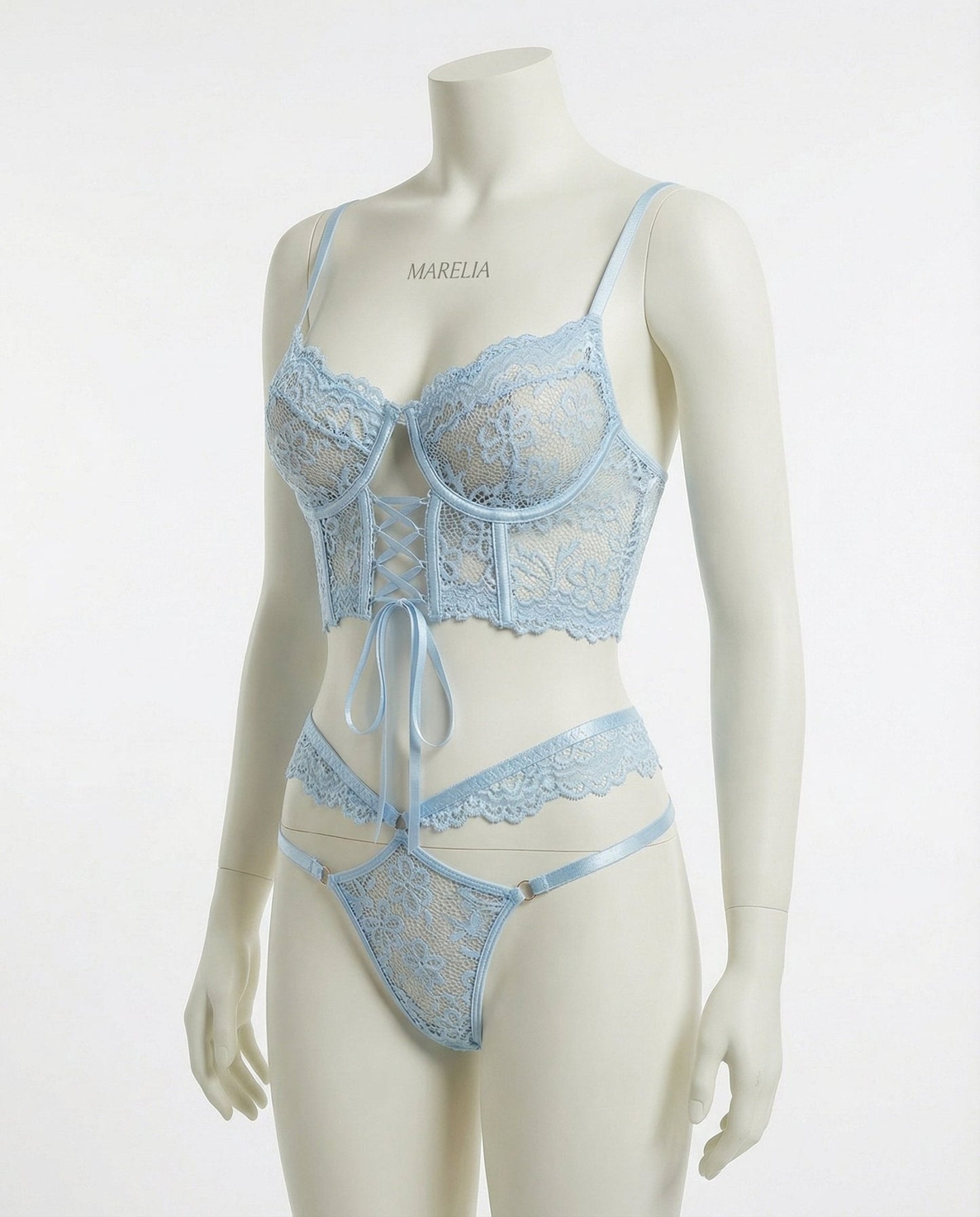 Lace Bra And Thong Set With Corset Lace-Up Detail