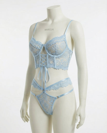 Lace Bra And Thong Set With Corset Lace-Up Detail