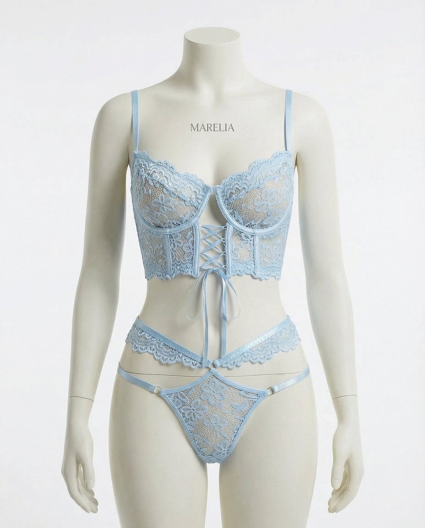 Lace Bra And Thong Set With Corset Lace-Up Detail