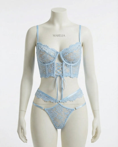 Lace Bra And Thong Set With Corset Lace-Up Detail