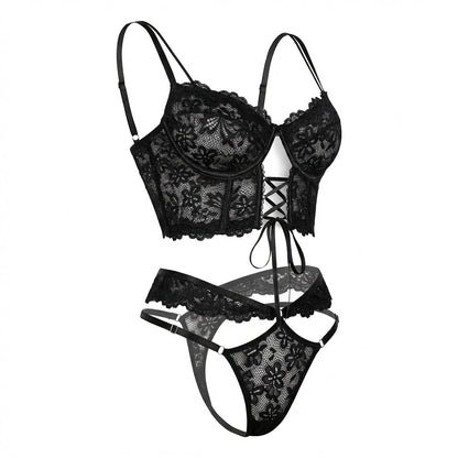 Lace Bra And Thong Set With Corset Lace-Up Detail