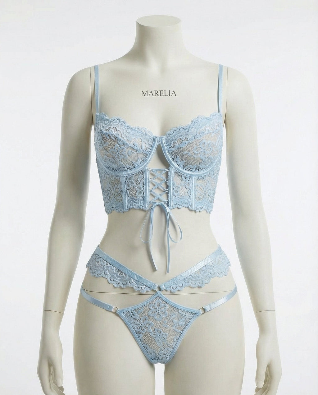Lace Bra And Thong Set With Corset Lace - Up Detail - AR UNIVERSALghntshLingerie Set