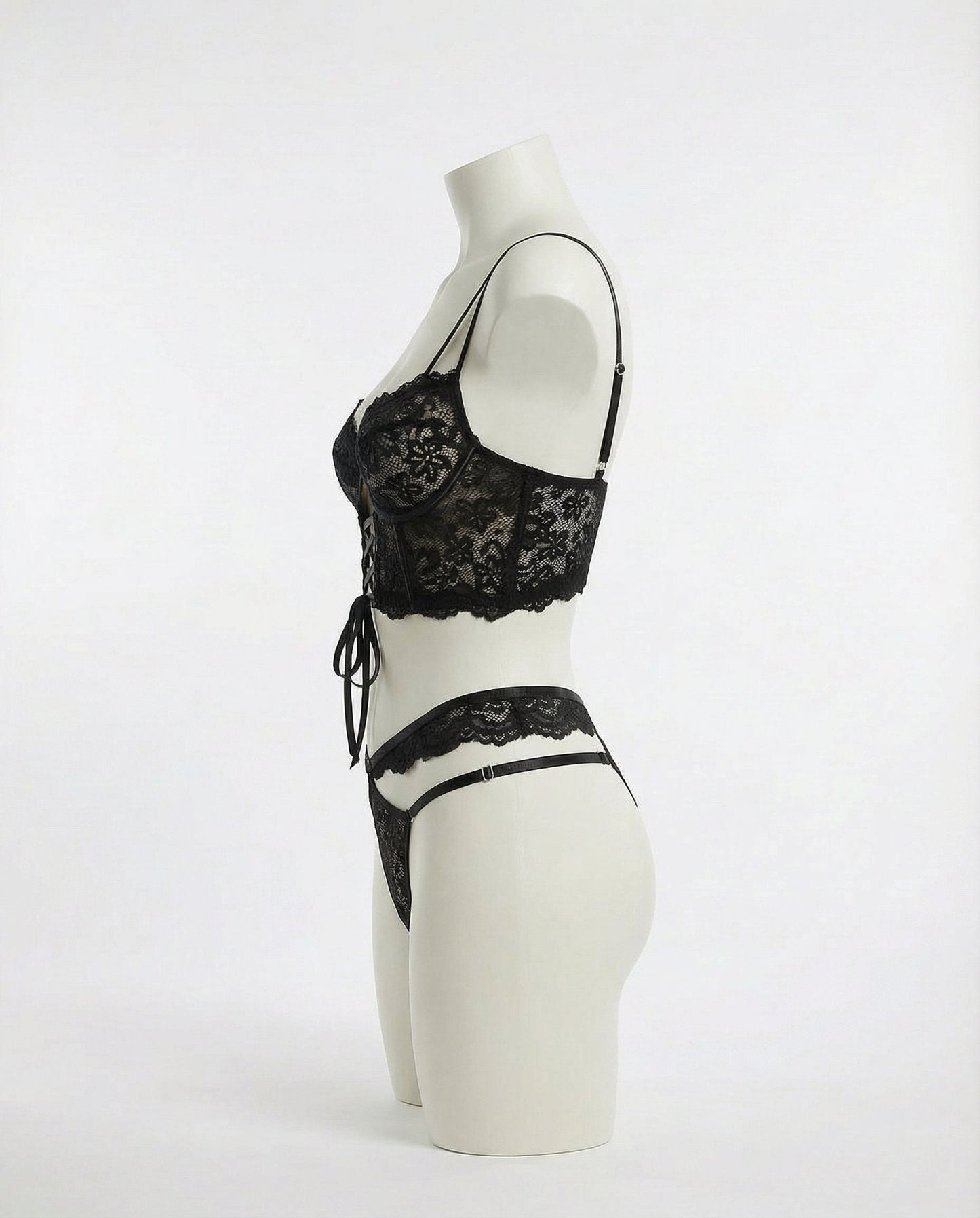 Lace Bra And Thong Set With Corset Lace-Up Detail