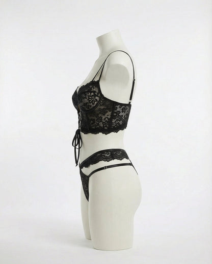 Lace Bra And Thong Set With Corset Lace-Up Detail